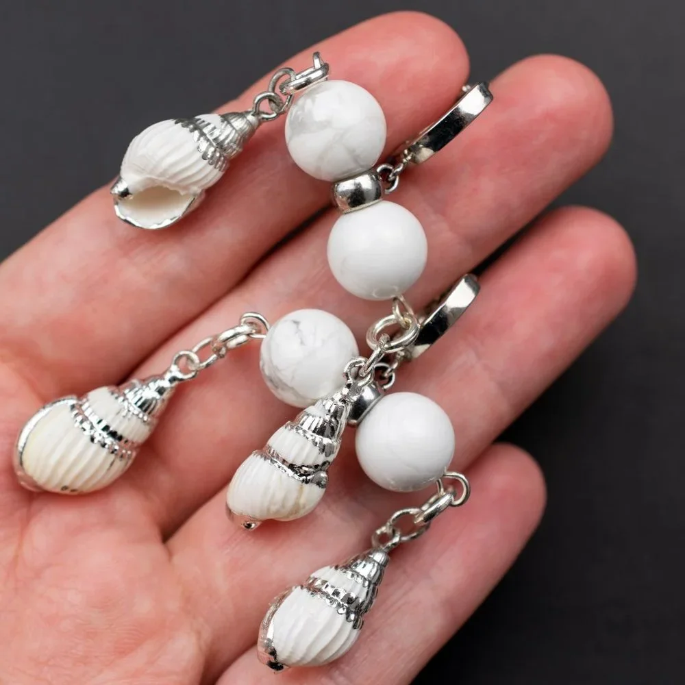 Unique White Shell Chunky Earrings, Handcrafted Howlite Dangle Hoops